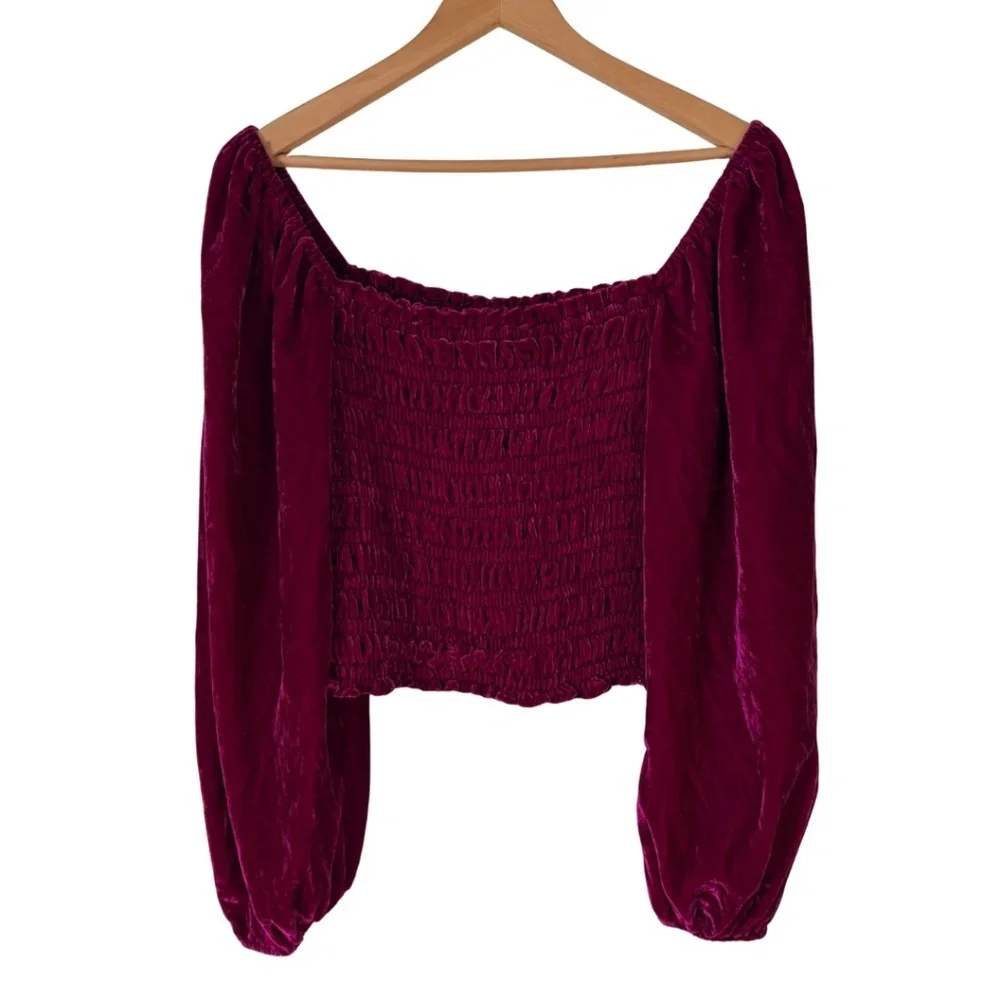 Anthropologie Magenta Pink Rose Smocked Velvet Puff Sleeve Peasant Blouse, M